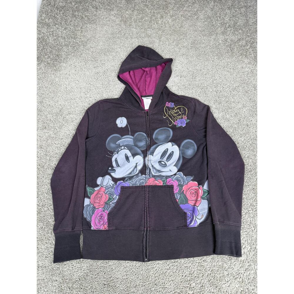 Disney Hoodie Womens Large Purple Full Zip Mickey Minnie Roses Graphic Fleece